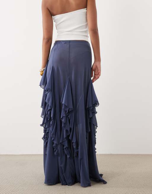 ASOS DESIGN mesh frill detail maxi skirt in blue, 5 of 5