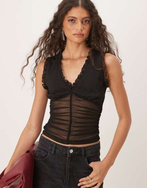 ASOS DESIGN mesh frill gathered tank top in black - view 1