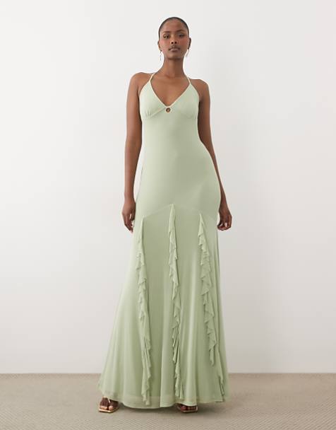 green maxi dress wedding guest SOLERSUN Plus Size Women's Elegant Emerald Winter Formal Dress,Sleeveless Twisted Pleated Satin Luxury Evening Prom Graduation or evening celebrations. Green Wedding Guest Dresses for