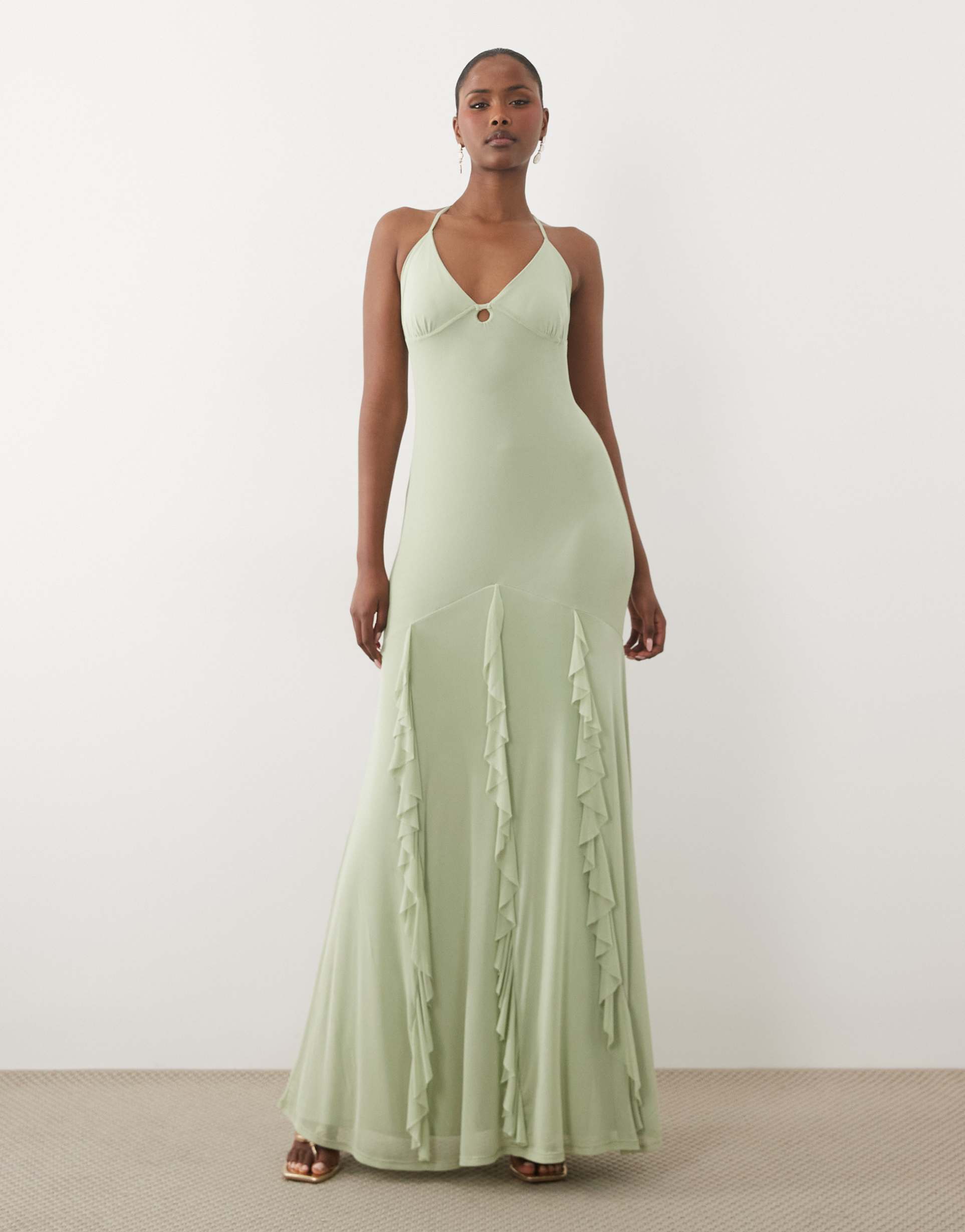 asos design mesh frill maxi dress with halter straps in sage