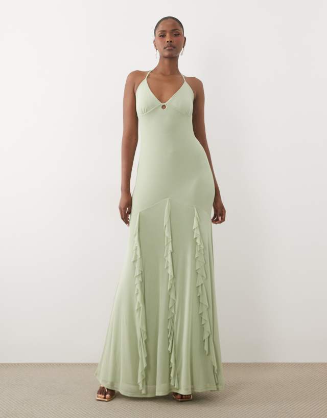 ASOS DESIGN mesh frill maxi dress with halter straps in sage