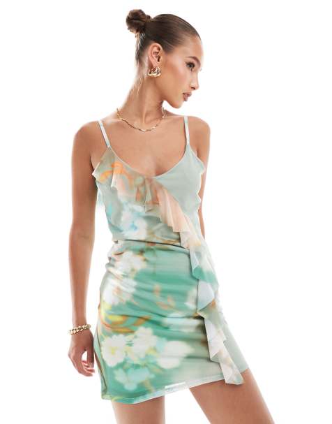 ASOS DESIGN mesh frill mini dress in green floral print - view 1
