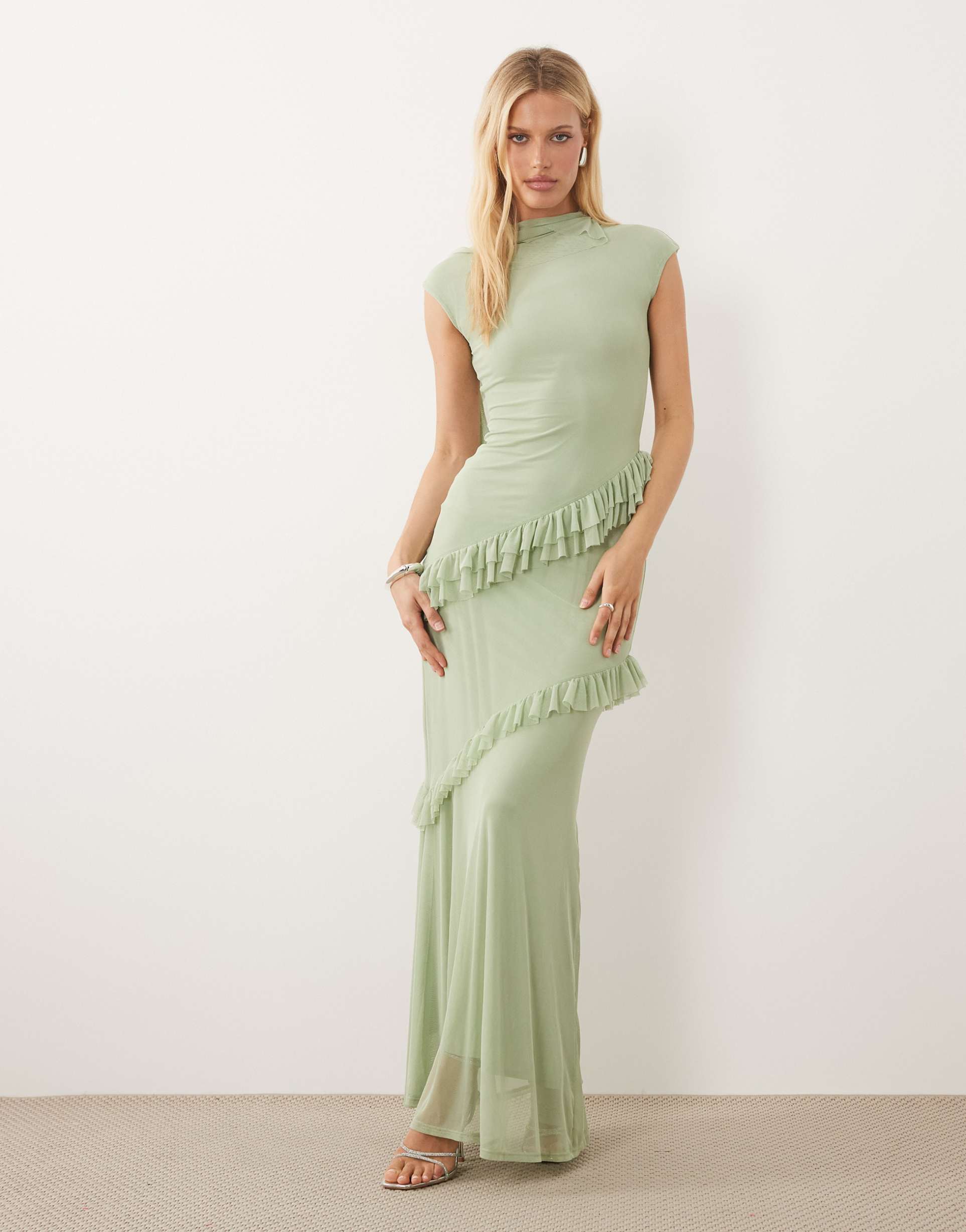 asos design mesh frill scarf maxi dress with cap sleeve in sage