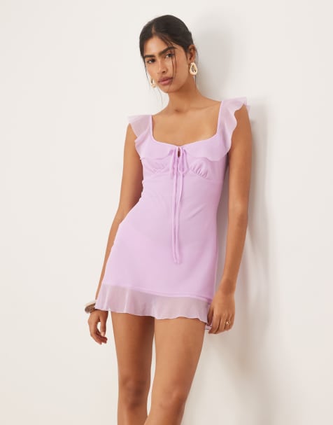 ASOS DESIGN mesh frill strap mini tea dress in lilac - view 1