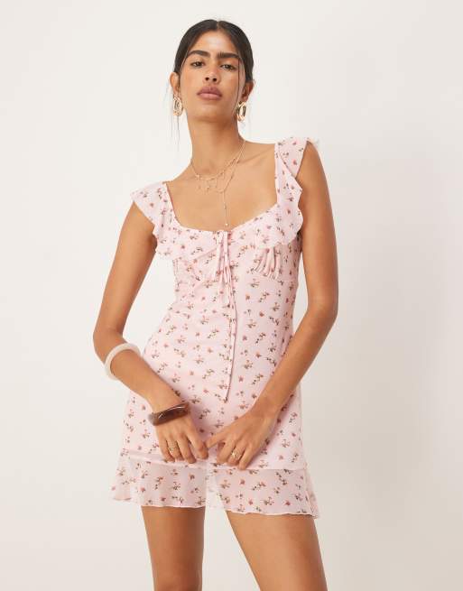 ASOS DESIGN mesh frill strap mini tea dress in pink ditsy