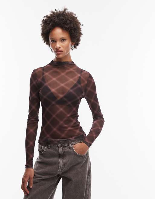 ASOS DESIGN mesh funnel neck top in brown check print (part of a set)