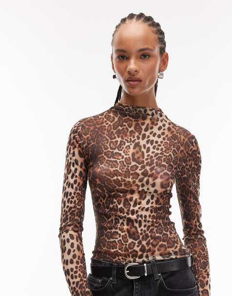 ASOS DESIGN mesh funnel neck top in leopard print - view 1
