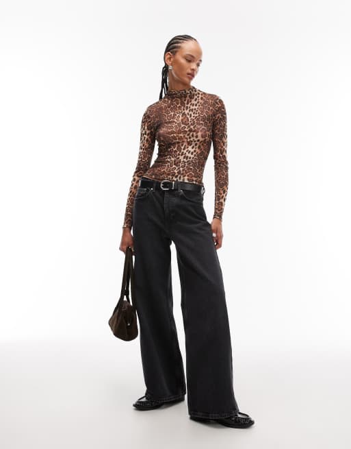 ASOS DESIGN mesh funnel neck top in leopard print