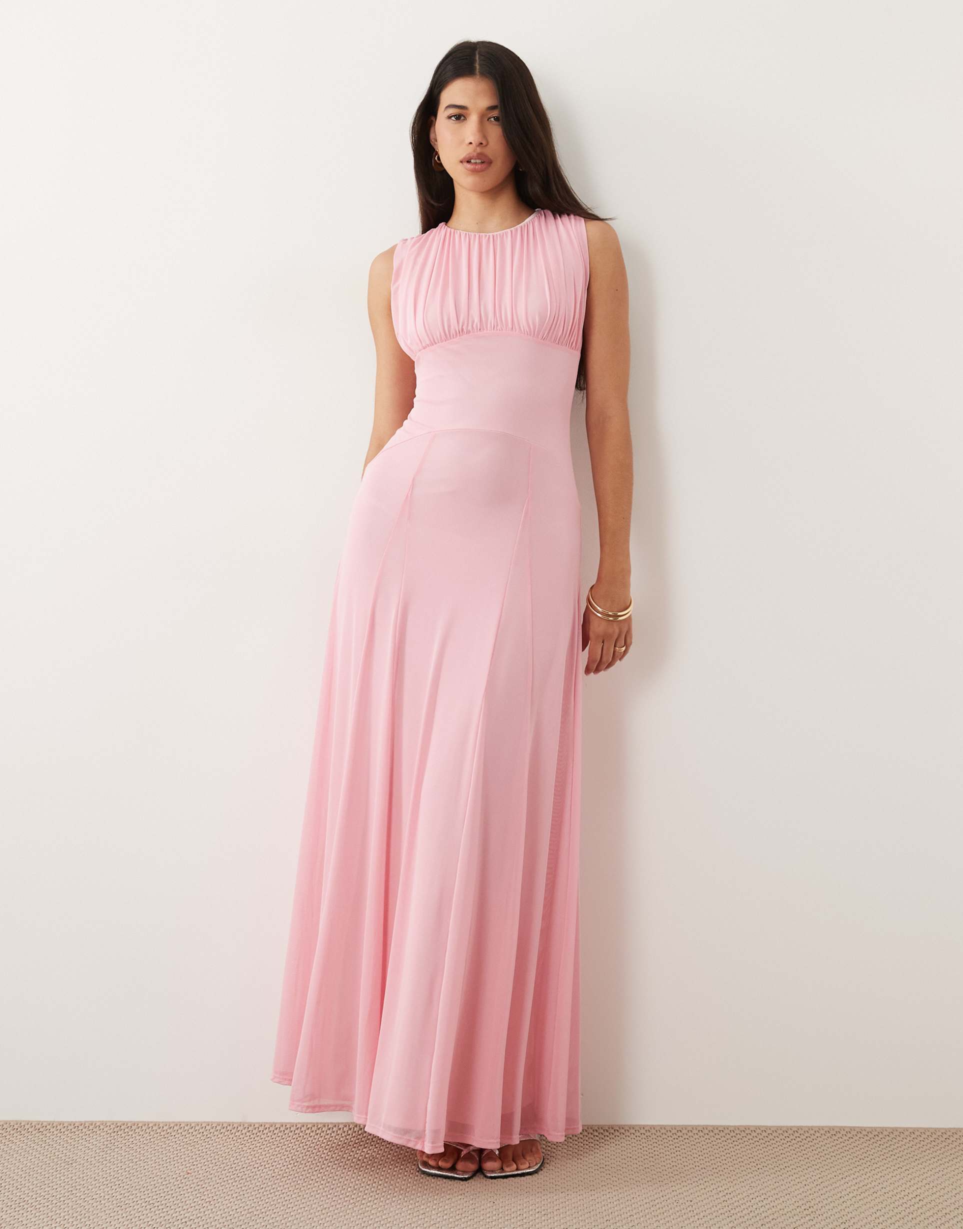 asos design mesh gathered detail maxi dress in baby pink