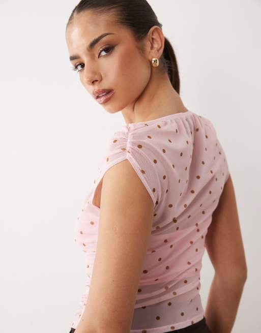 ASOS DESIGN mesh gathered short sleeve off shoulder top in pink and brown polka dot, 4 of 4