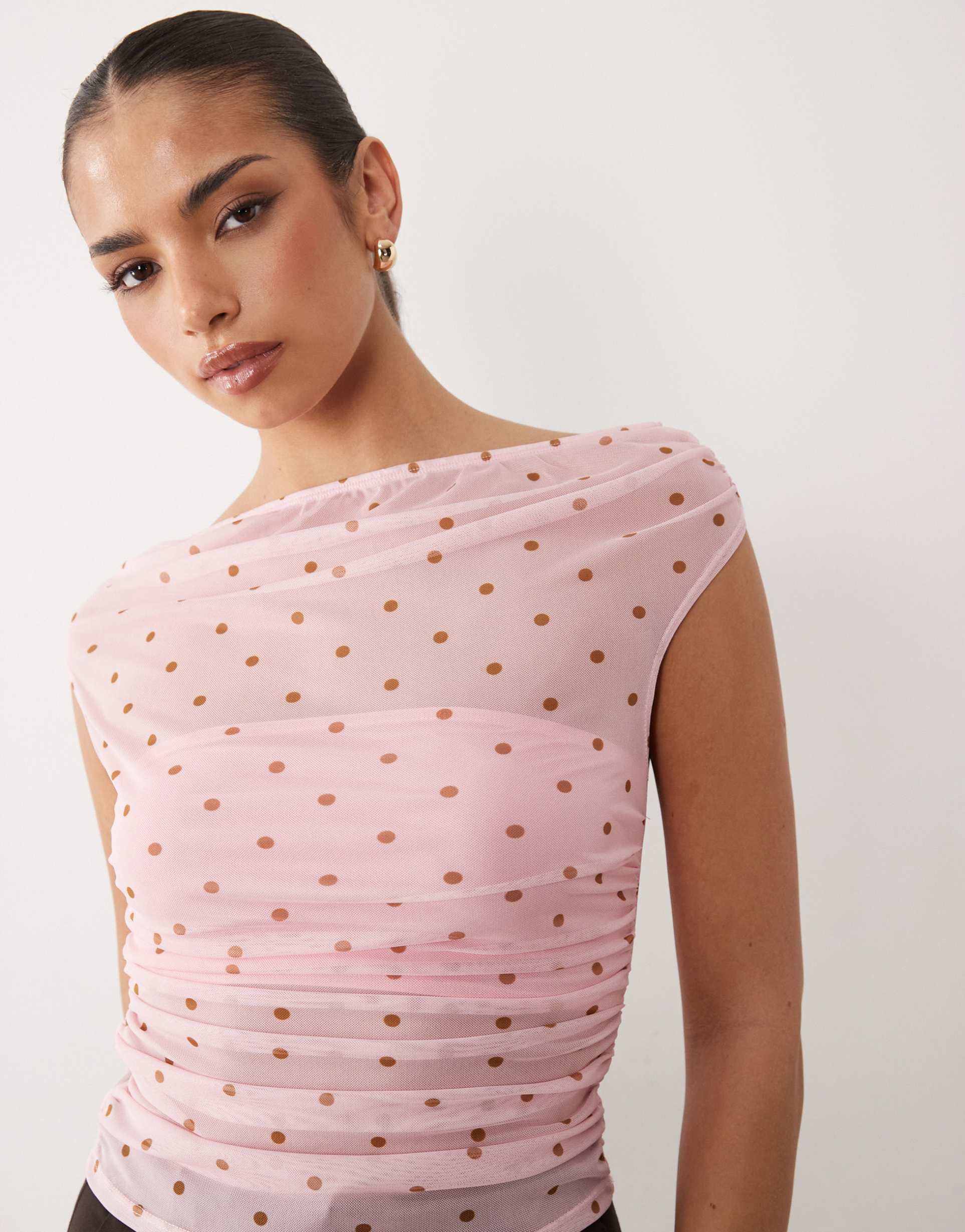 asos design mesh gathered short sleeve off shoulder top in pink and brown polka dots