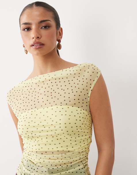 ASOS DESIGN mesh gathered short sleeve off shoulder top in yellow and white polka dot