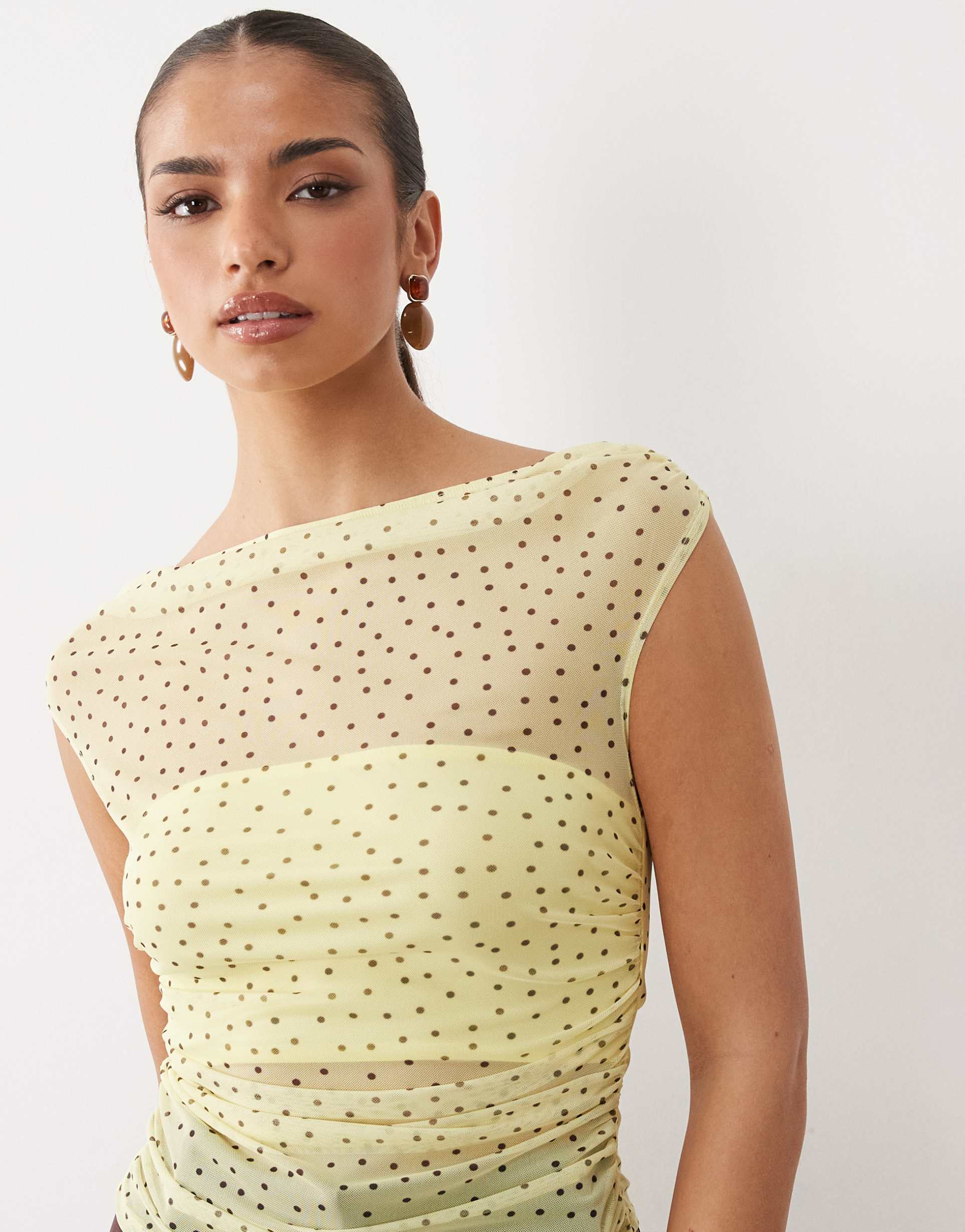 asos design mesh gathered short sleeve off the shoulder top in yellow and white polka dots