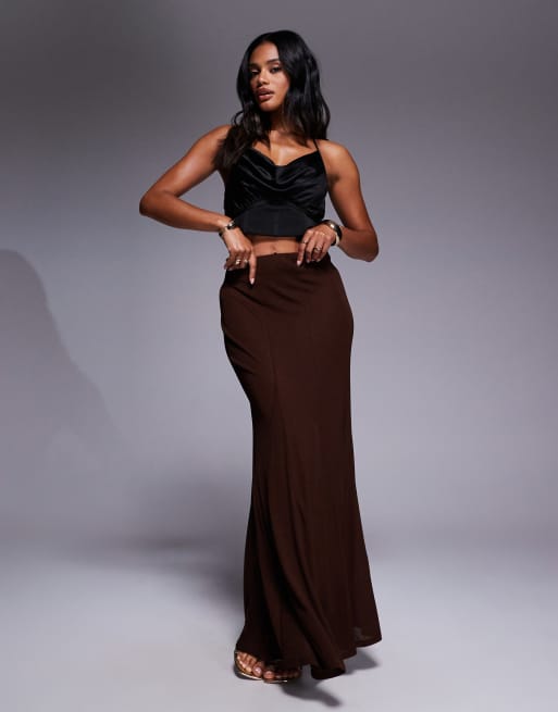 ASOS DESIGN mesh godet sheer maxi skirt in brown