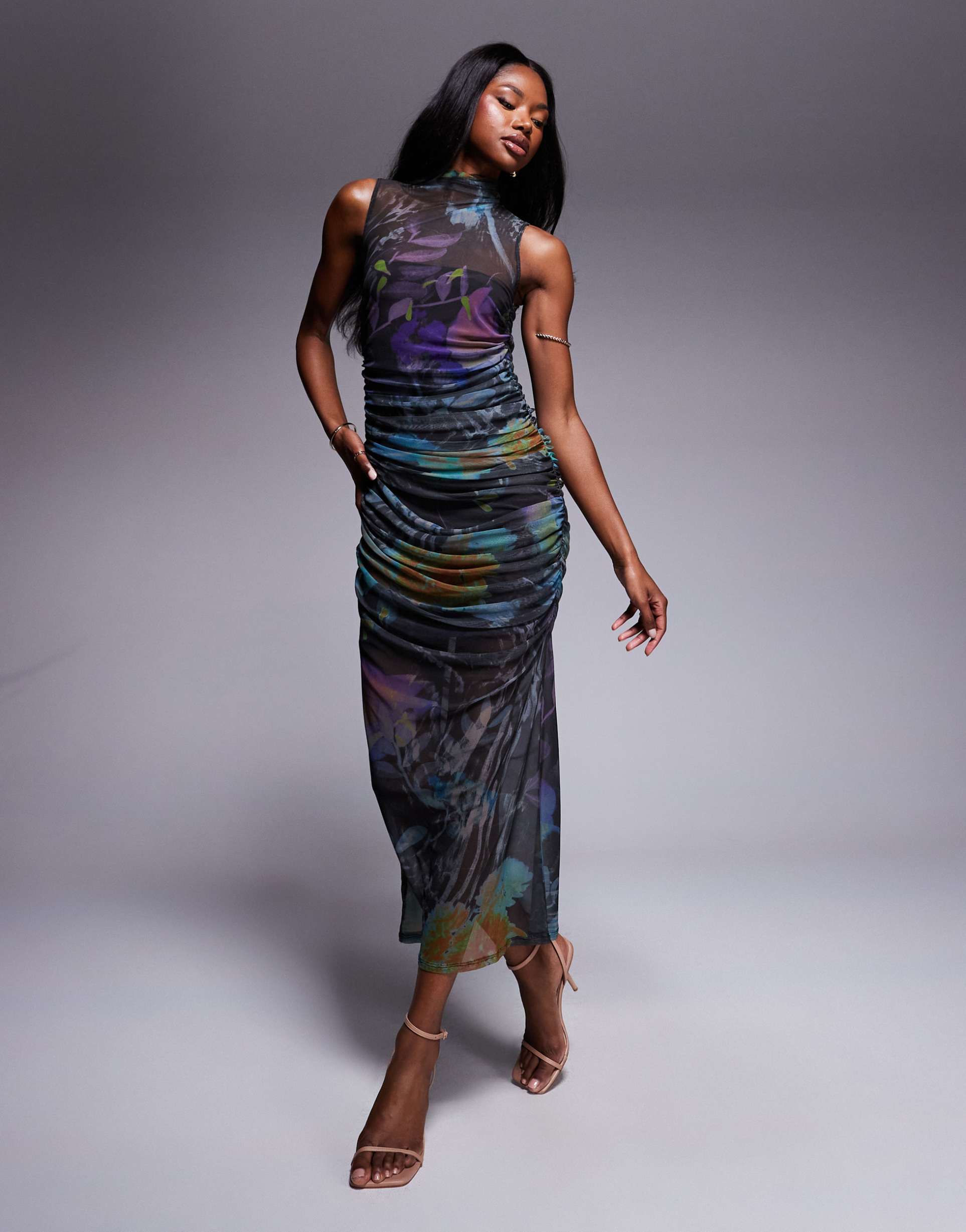 asos design mesh grown on neck ruched drape dress in abstract print
