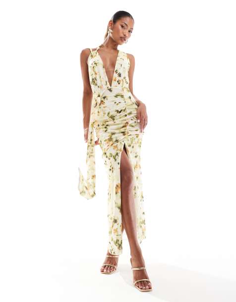 ASOS DESIGN mesh halter drape detail maxi dress in yellow tie dye - view 1