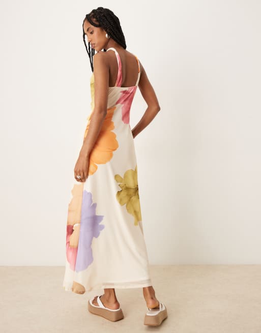 ASOS DESIGN mesh halter hardware detail keyhole midi dress in floral print, 3 of 4