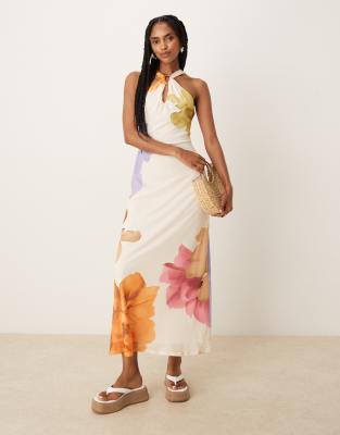 ASOS DESIGN mesh halter harwear detail keyhole midi dress in floral print - view 1