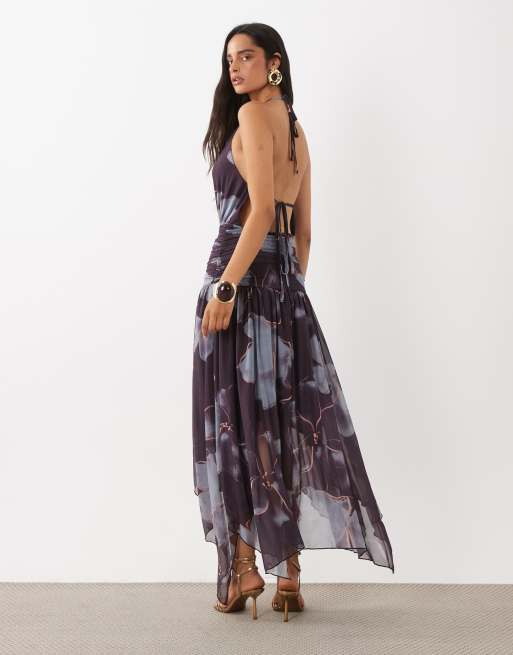 ASOS DESIGN mesh halter keyhole high low maxi dress in purple floral print, 4 of 4