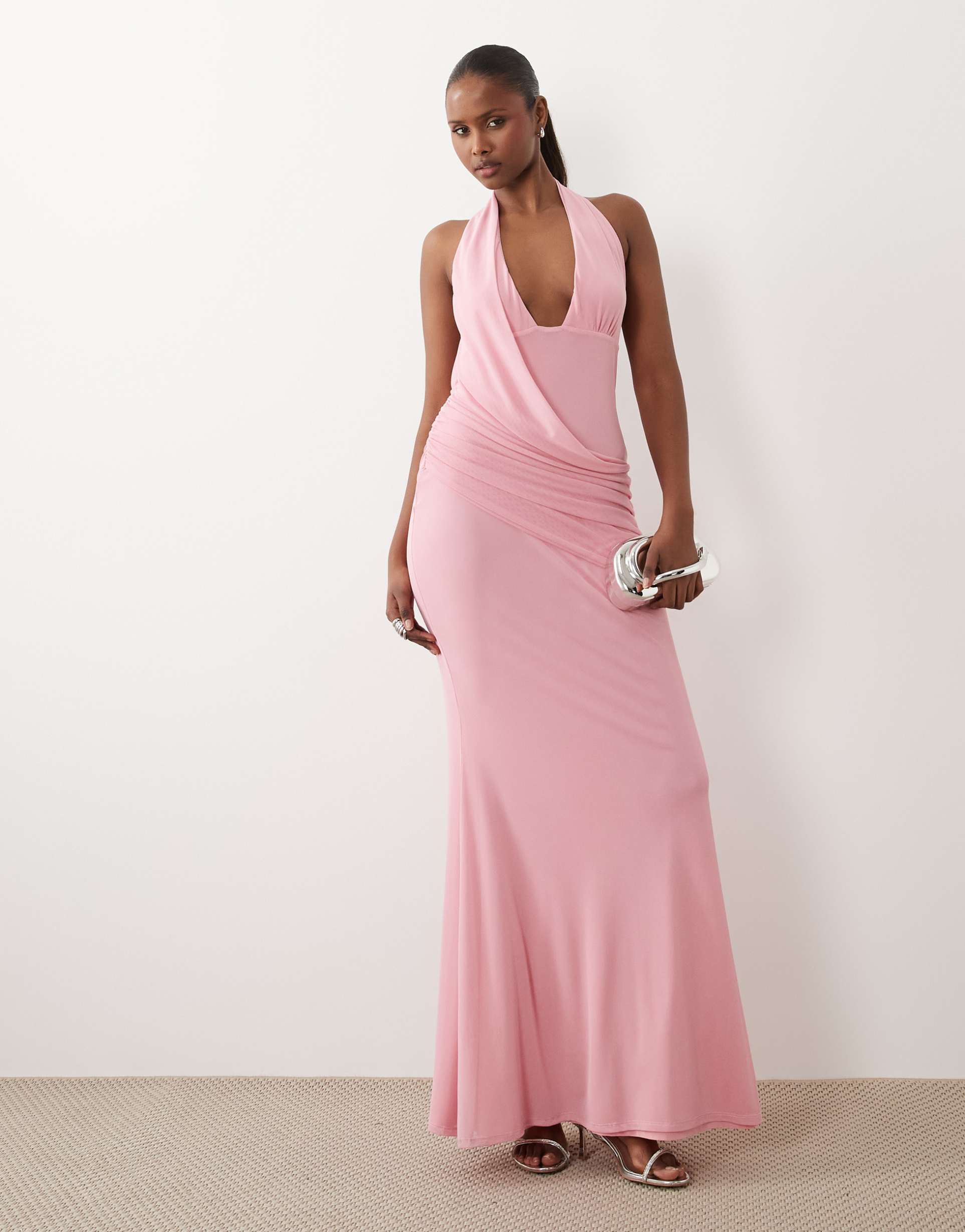 asos design mesh halter maxi dress with draped sash detail in baby pink