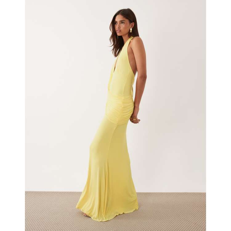 ASOS DESIGN mesh halter maxi dress with draped sash detail in lemon | ASOS