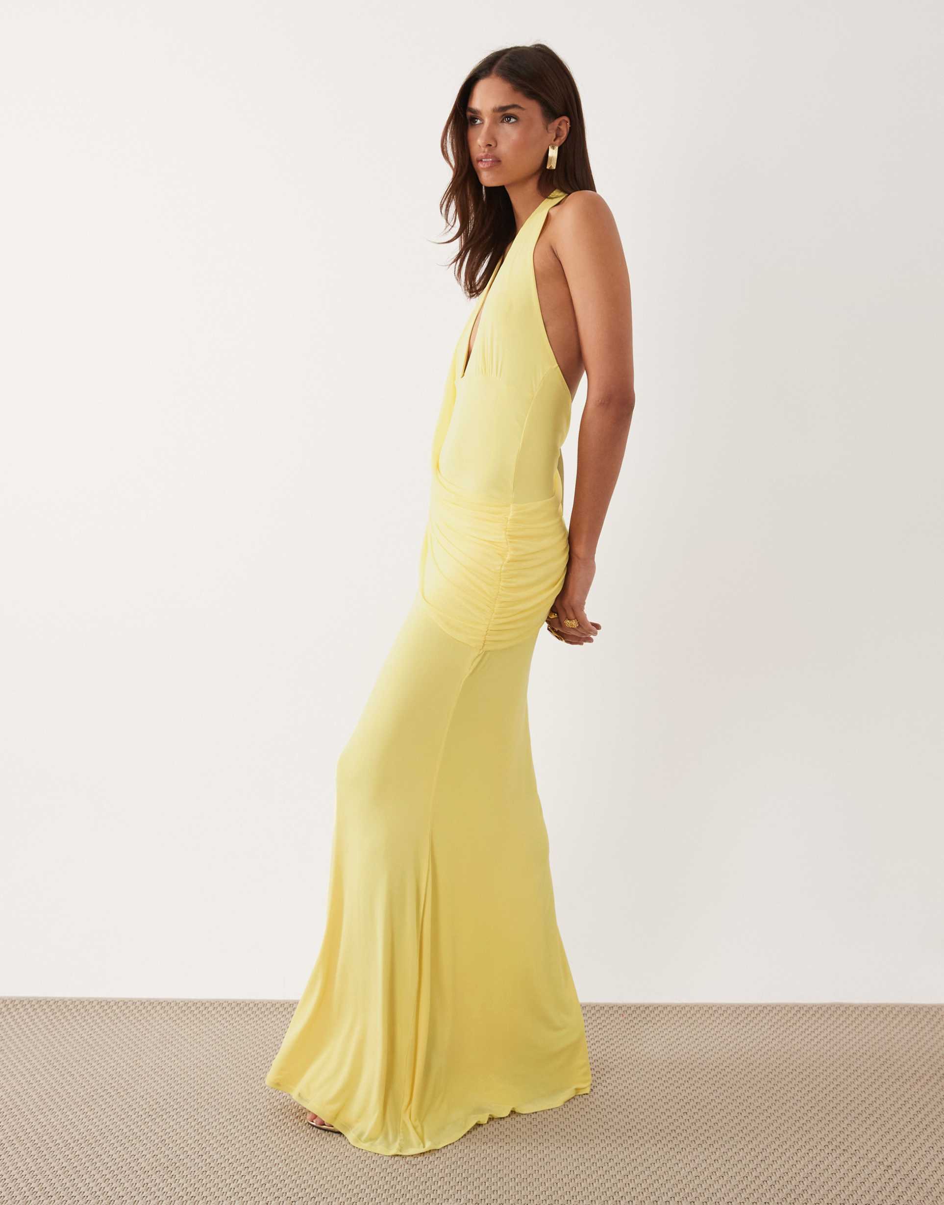 asos design mesh halter maxi dress with draped sash detail in lemon