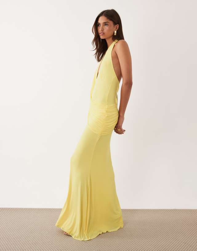 mustard asymmetric drape detail maxi dress ASOS DESIGN mesh halter with draped sash in lemon Rounded Neck back design and a Missacc Champagne Bride A-Line Size:M (38/40)