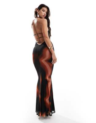 Asos Design Mesh Halter Maxi Dress With Open Back In Oversized Abstract Orange And Black Print-multi