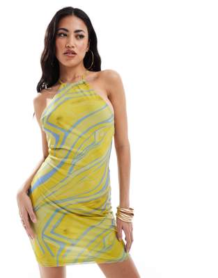 Asos Design Mesh Halter Mini Dress In Multi