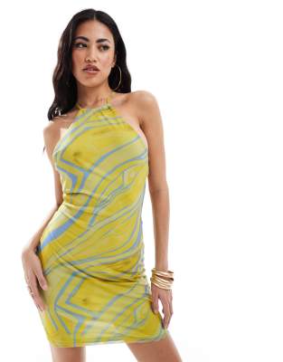 asos design mesh halter mini dress in yellow & blue animal print