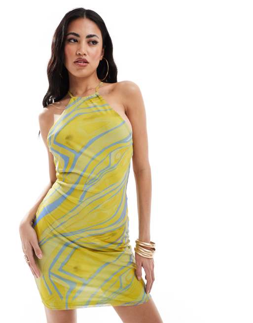  ASOS DESIGN mesh halter mini dress in yellow & blue animal print