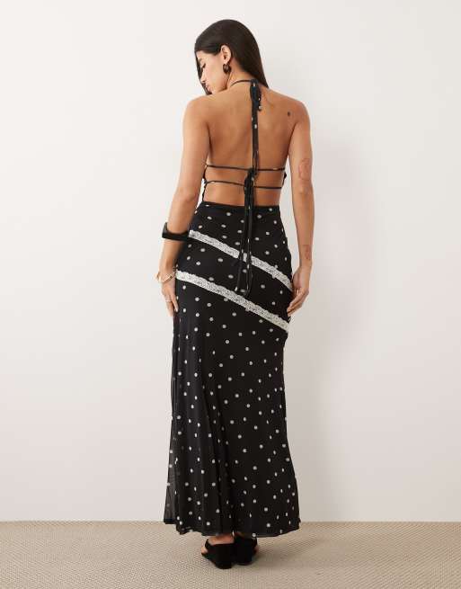 ASOS DESIGN mesh halter mixed polka dot maxi dress in with contrast lace trims in black, 4 of 4