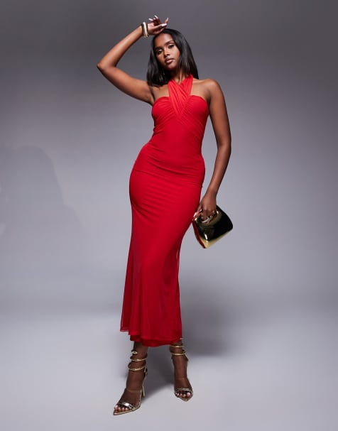 ASOS DESIGN mesh halter neck maxi dress in red - view 1