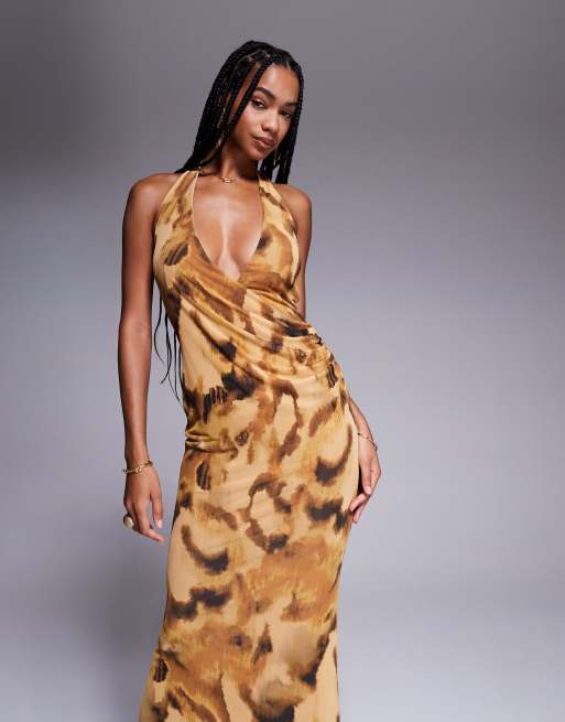 ASOS DESIGN mesh halter neck maxi dress in texture print, 3 of 4