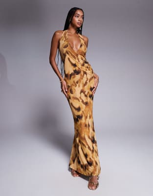 Asos Design Mesh Halter Neck Maxi Dress In Orange