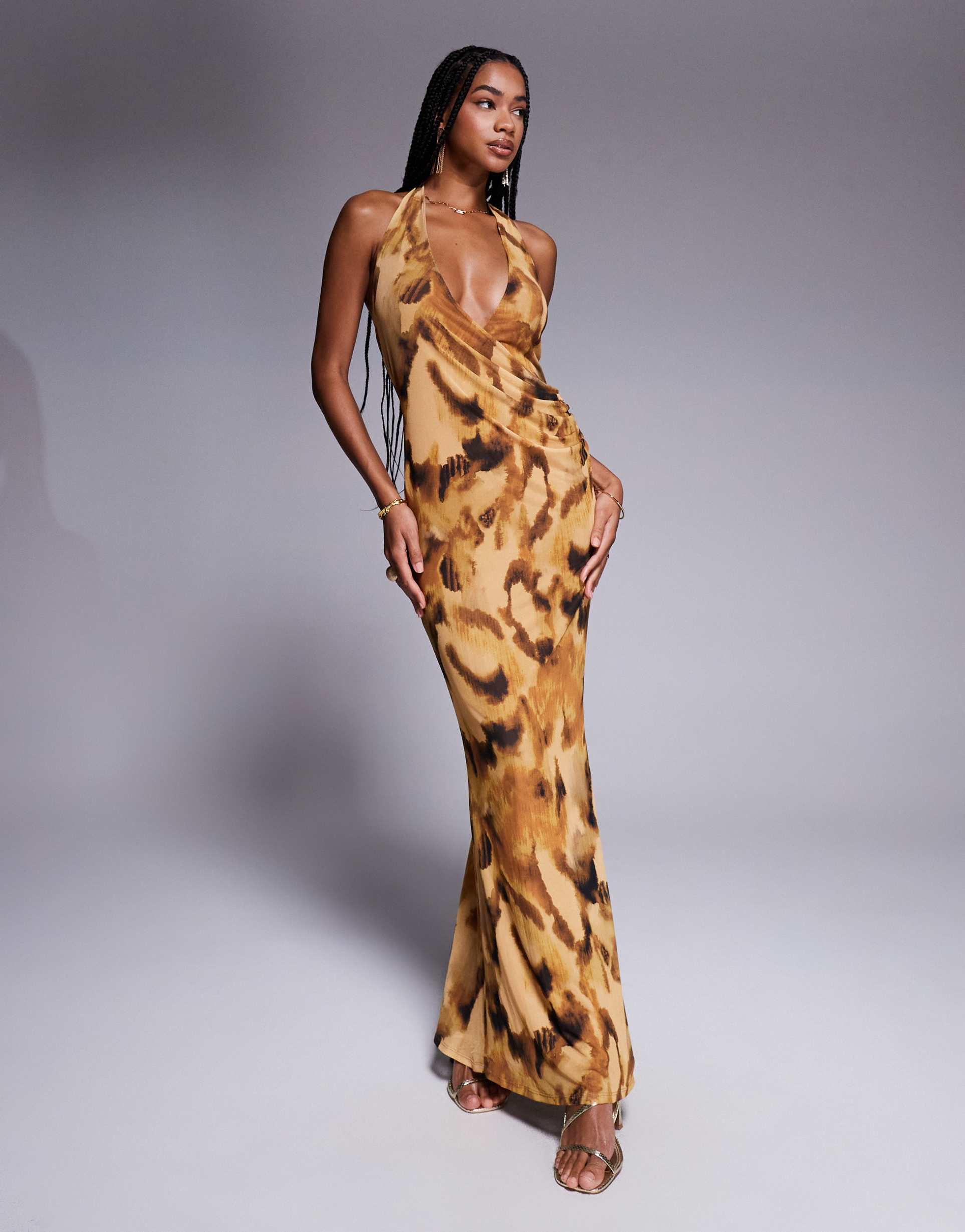 asos design mesh halter neck maxi dress in textured print