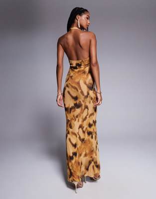 Asos Design Mesh Halter Neck Maxi Dress In Orange