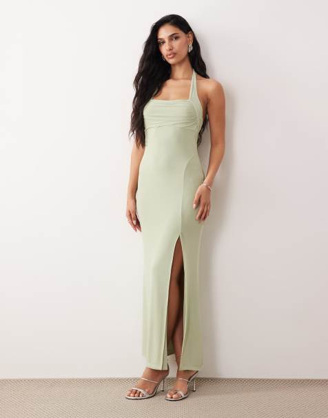 ASOS DESIGN mesh halter neck maxi dress with ruched bust detail in sage - view 1