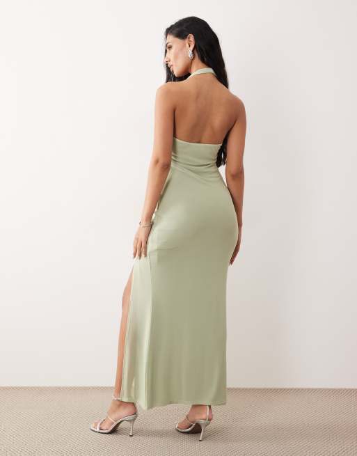 ASOS DESIGN mesh halter neck maxi dress with ruched bust detail in sage, 4 of 4