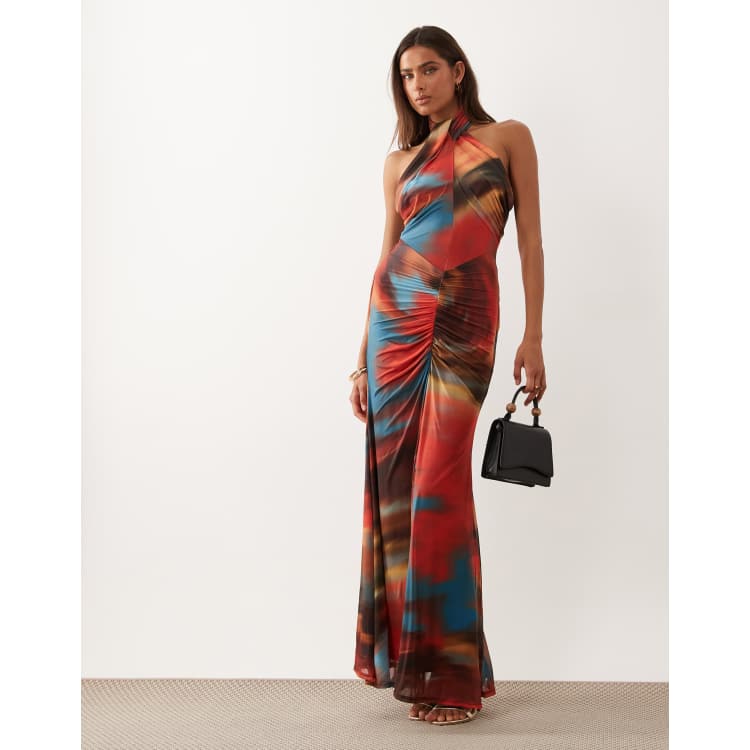 ASOS DESIGN mesh halter neck maxi dress with ruched skirt in blue abstract  print | ASOS