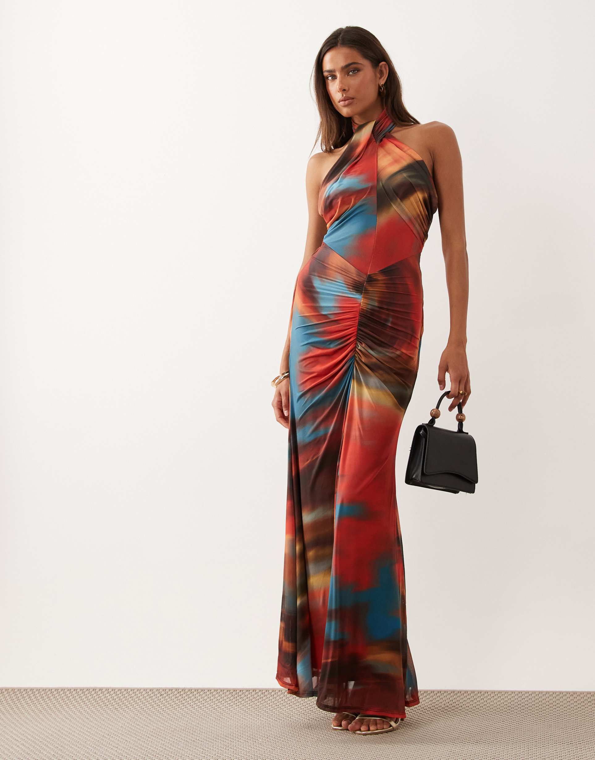 asos design mesh halter neck maxi dress with ruched skirt in blue abstract print