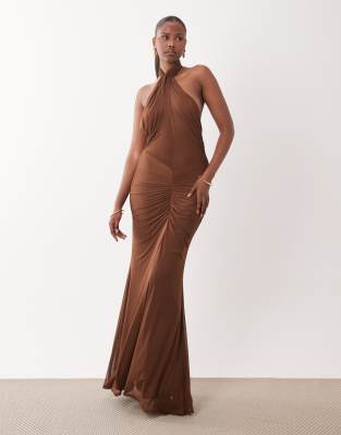 Asos Design Mesh Halter Neck Maxi Dress With Ruched Skirt In Brown