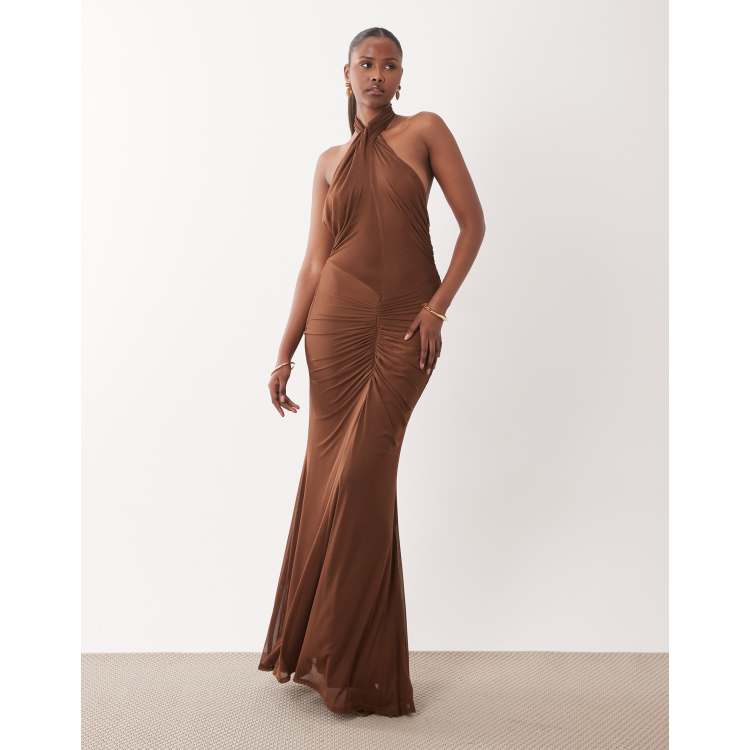 ASOS DESIGN mesh halter neck maxi dress with ruched skirt in chocolate |  ASOS