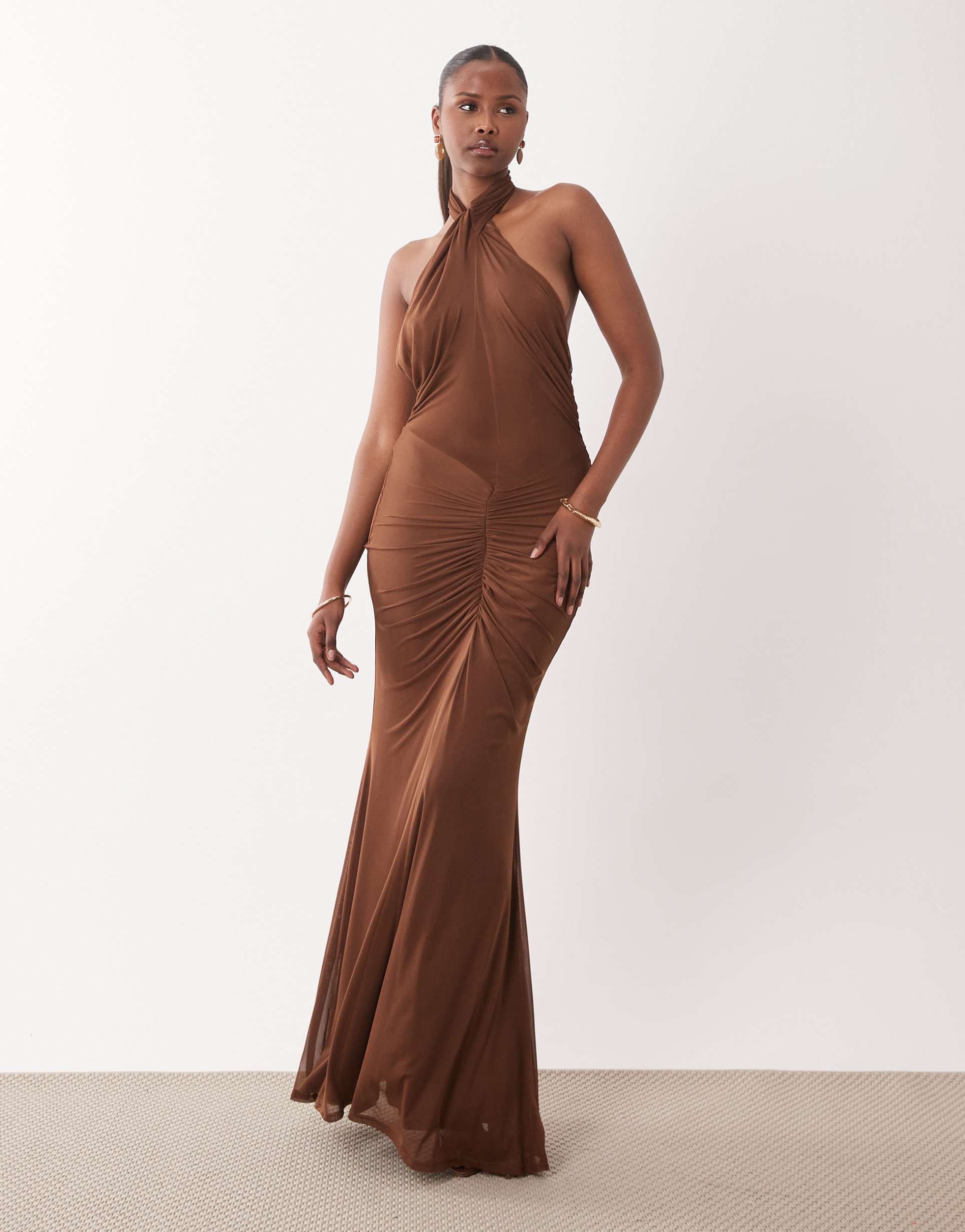 asos design mesh halter neck maxi dress with ruched skirt in chocolate