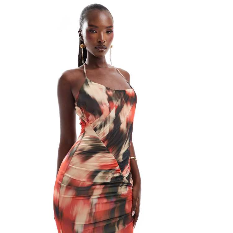 ASOS DESIGN mesh halter neck ruched midi dress with knot detail in red smudge print ASOS
