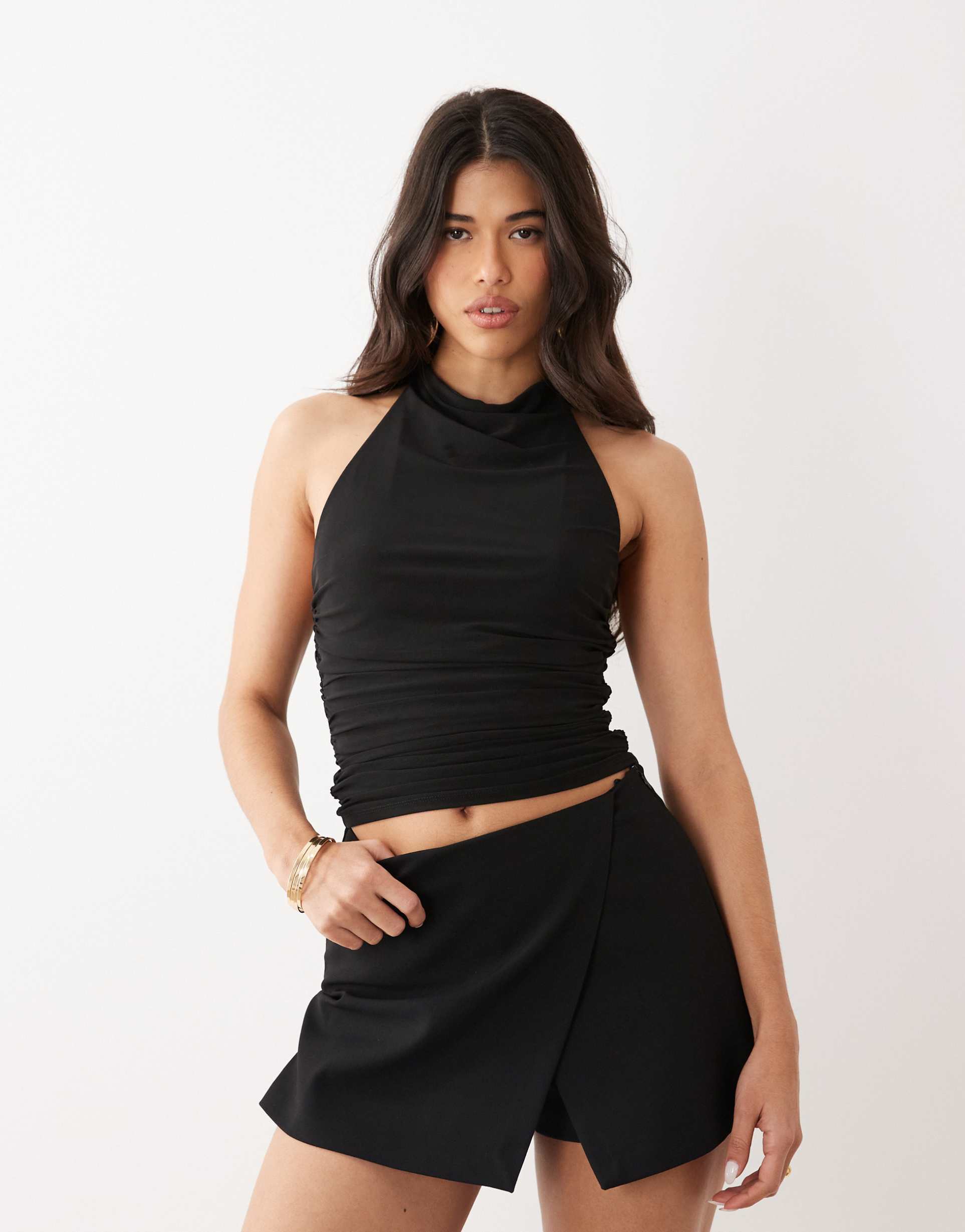 asos design mesh halter top with draped neckline in black