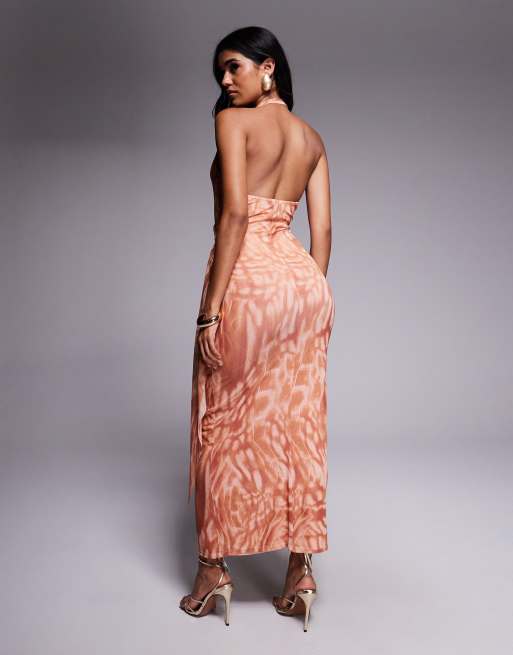 ASOS DESIGN mesh halterneck midi dress with sweeping sash skirt in animal print