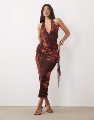 ASOS DESIGN mesh halterneck midi dress with sweeping sash skirt in brown floral print