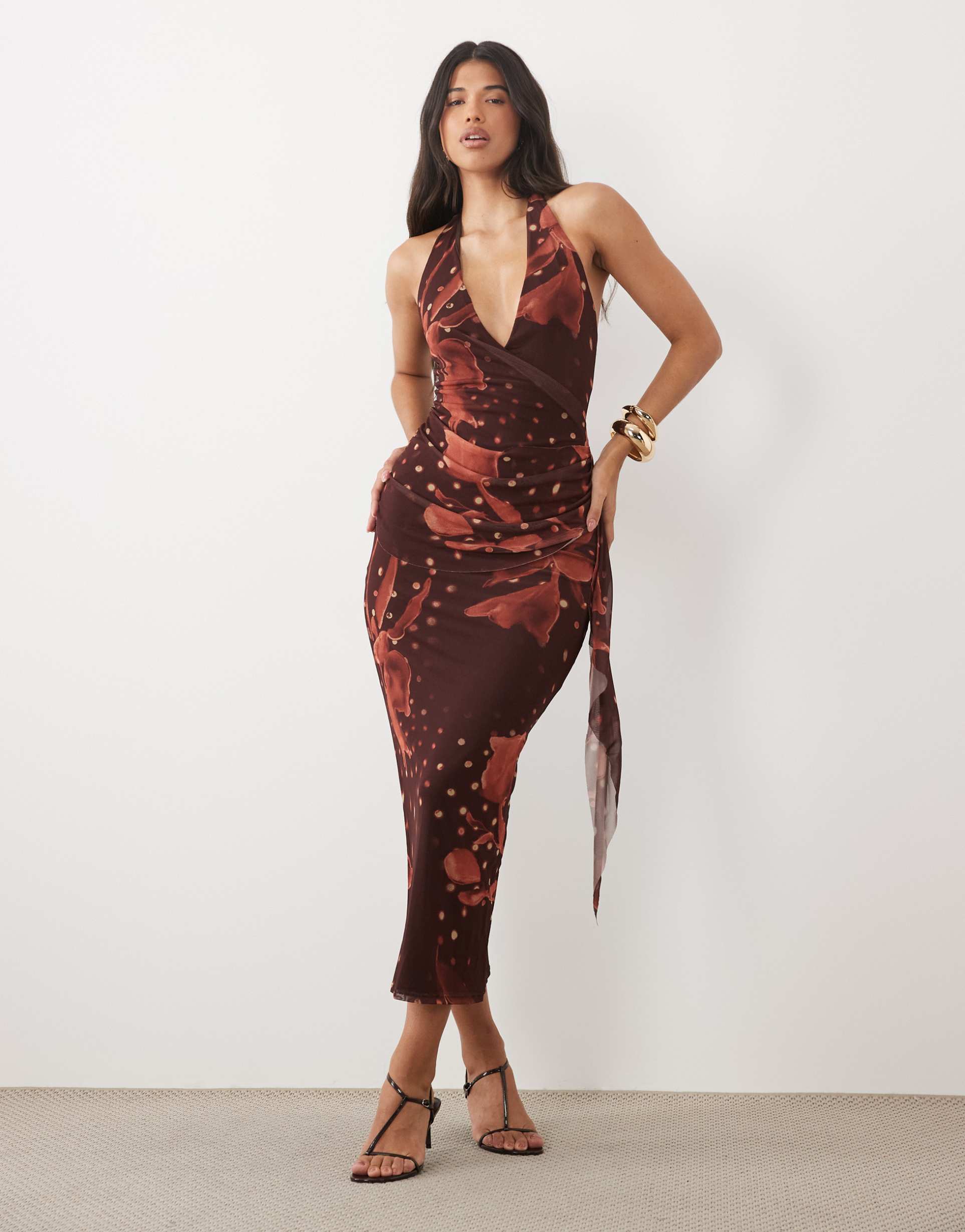 asos design mesh halterneck midi dress with sweeping sash skirt in brown floral print