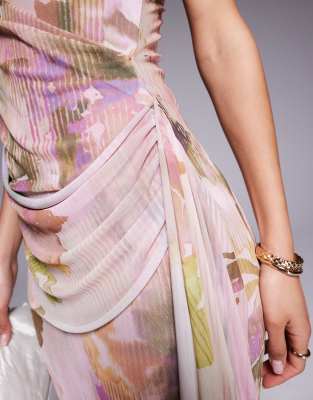 ASOS DESIGN mesh halterneck midi dress with sweeping sash skirt in pastel floral print